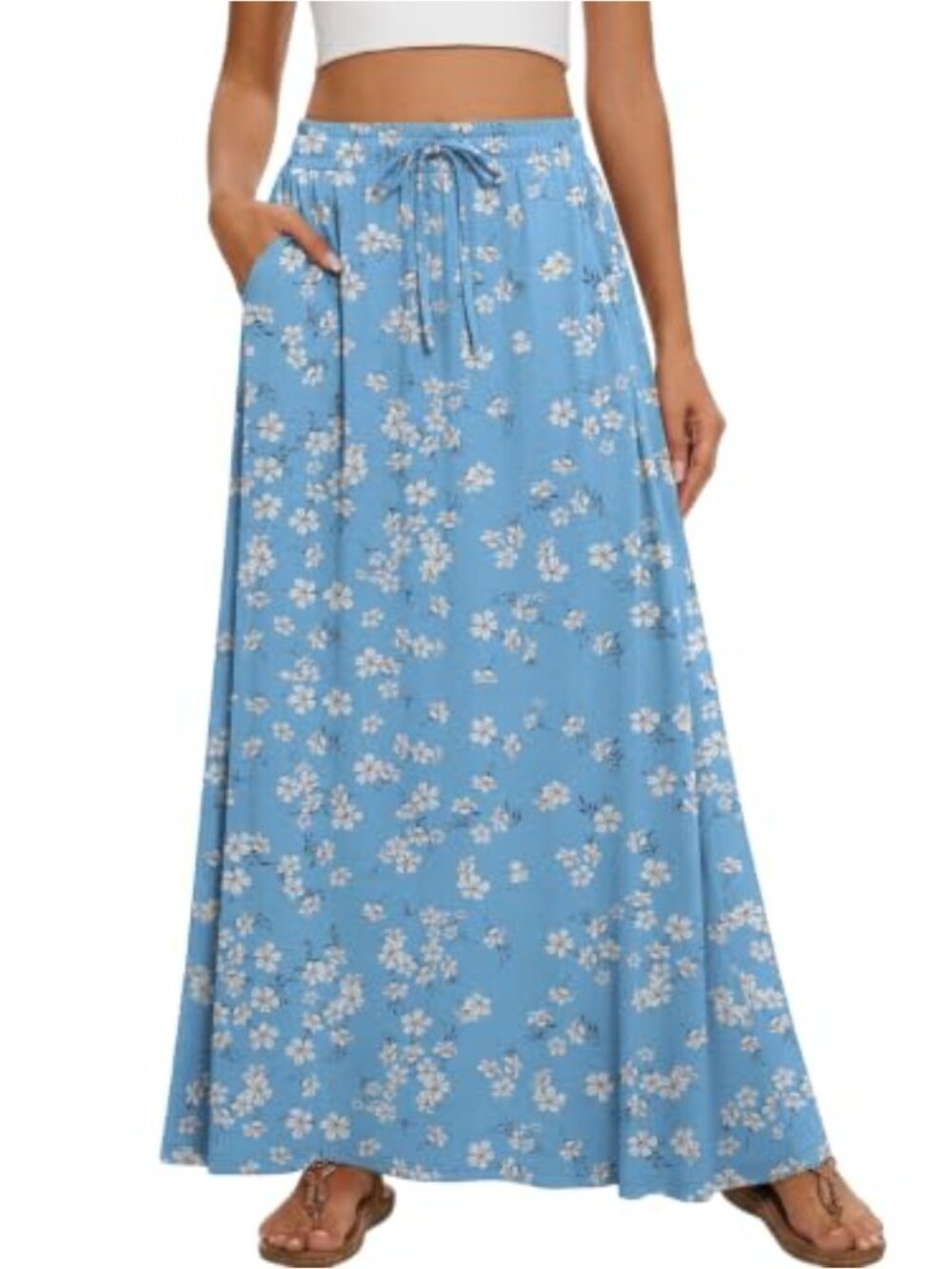 Women Flowy Pleated Maxi Skirt High Waisted A-Line Long Skirt Pockets